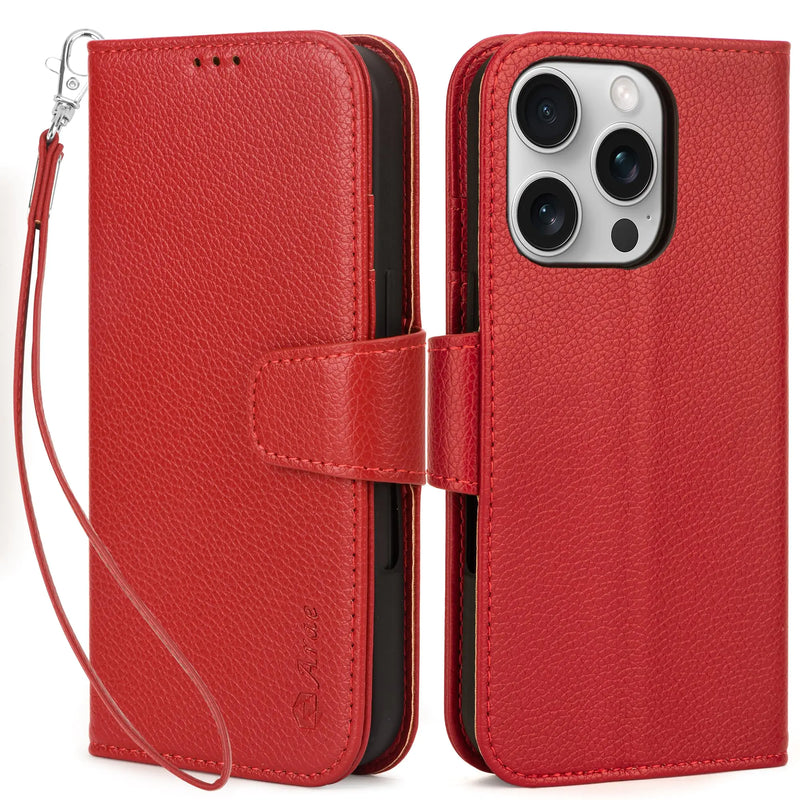 Arae Compatible with iPhone 16 Pro Case Wallet with Card Holder, Wristlet Strap Wallet Flip Cover for iPhone 16 Pro 6.3 inch Men/Women, RFID Blocking, Kickstand, Litchi Cyan - Puck's