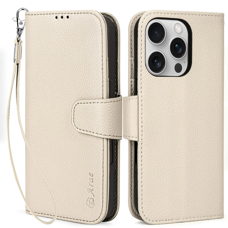 Arae Compatible with iPhone 16 Pro Case Wallet with Card Holder, Wristlet Strap Wallet Flip Cover for iPhone 16 Pro 6.3 inch Men/Women, RFID Blocking, Kickstand, Litchi Cyan - Puck's