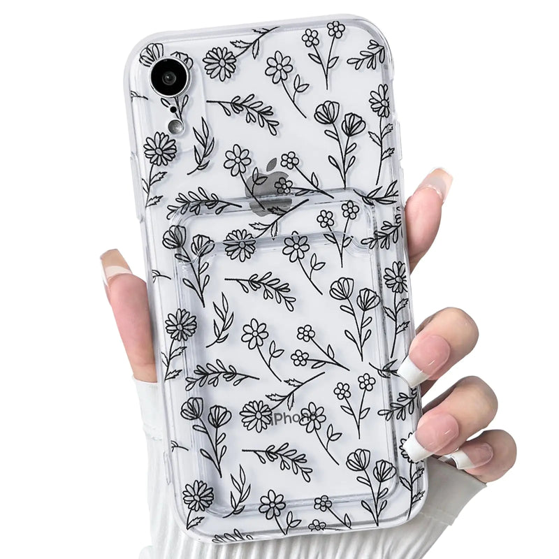 NITITOP Compatible with iPhone 7/8 / SE Case Clear with Card Holder Cute Flower Floral Leave Pattern for Women Girl Soft TPU Shock-Absorbing Wallet Case Protective Phone Cover - Black - Puck's