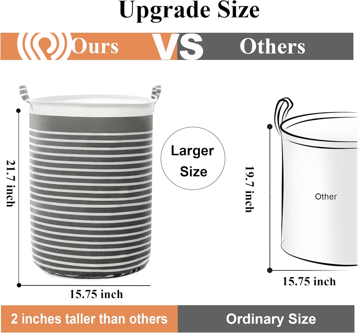 Waterproof Fabric Laundry Hamper Collapsible, 22 Inch Tall Grey Thickened Canvas Dirty Clothes Hampers for Bedroom, Kids Room Storage