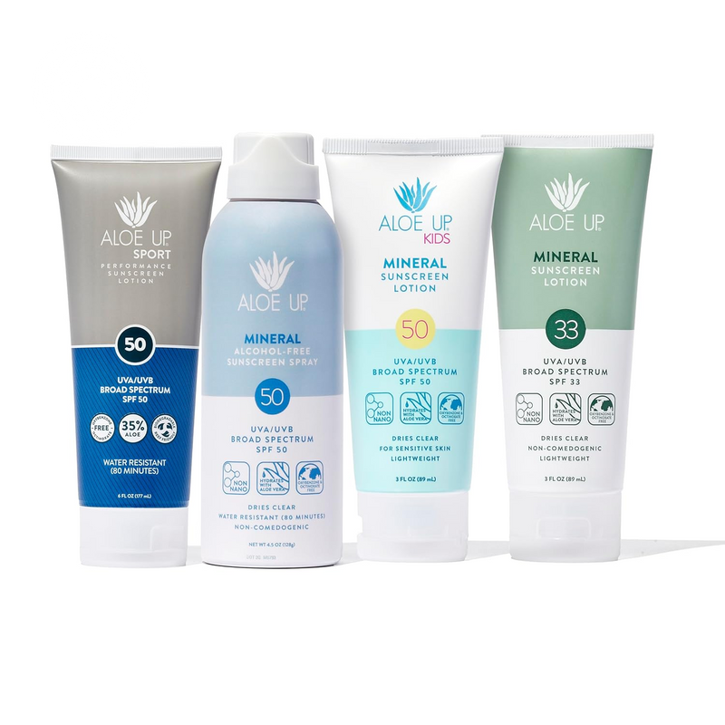 Aloe up Mineral Sunscreen Lotion SPF 33, Mineral Sunscreen Spray SPF 50, Kids Mineral Sunscreen Lotion SPF 50, and Sport Sunscreen Lotion SPF 50 - Sunscreen Bundle - Reef Friendly - 4 Items