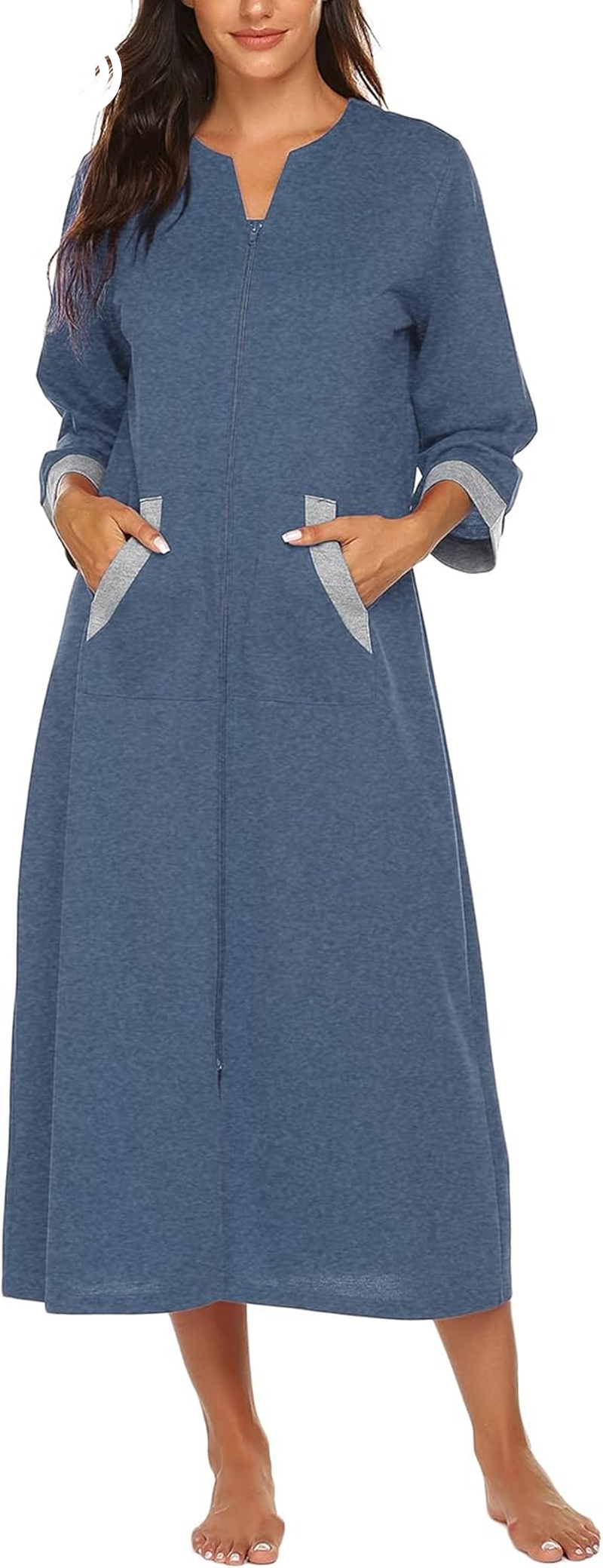 Ekouaer Women Zipper Robe 3/4 Sleeves Loungewear Dress Full Length Sleepwear Pockets Housecoat Nightgown Long Bathrobe