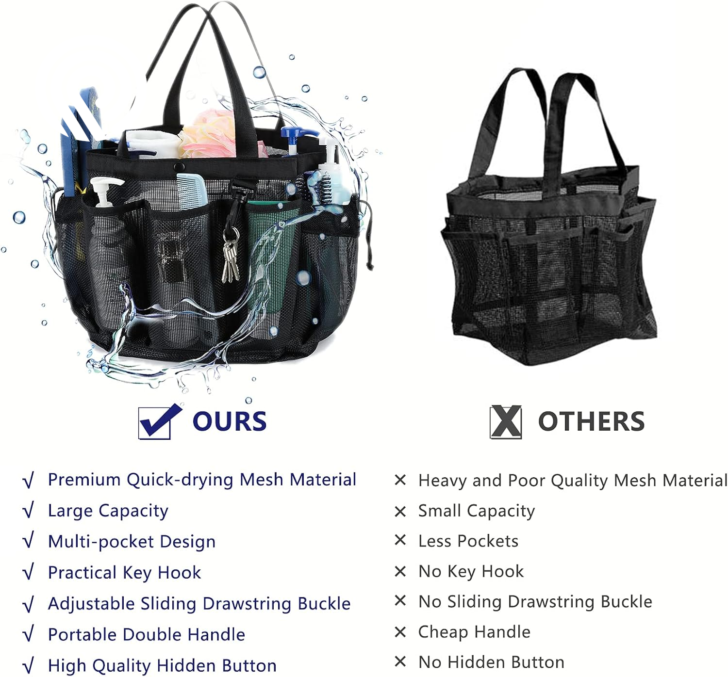 Moyad Large Mesh Shower Caddy Portable Travel Shower Caddy College Dorm Shower Basket Hanging Shower Organizer Beach Bag Tote Bag Bathroom Organizer Storage Basket Camping Shower Accessories, Black