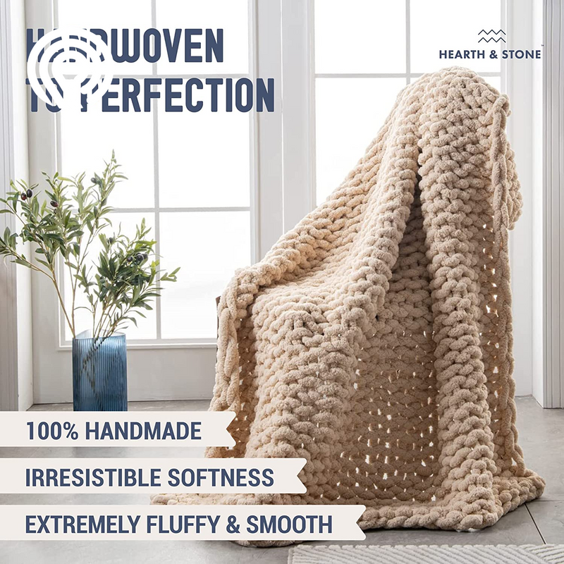 Chunky Knit Blanket Throw - 50"X60" 3.7 Lbs. - Soft Chenille Yarn Knitted Blanket - Machine Washable Crochet Blanket - Handmade Cable Knit Throw Blanket for Couch, Bed (Oat White)