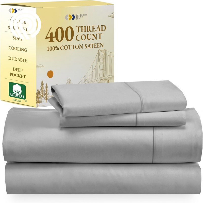 California Design Den Deep Pocket Twin Sheets Set - 400 Thread Count Sateen, Natural 100% Cotton Sheets, Cooling and Durable Bedding Set - Cape Stripe
