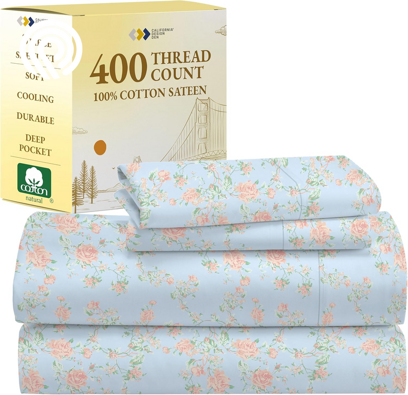 California Design Den Deep Pocket Twin Sheets Set - 400 Thread Count Sateen, Natural 100% Cotton Sheets, Cooling and Durable Bedding Set - Cape Stripe