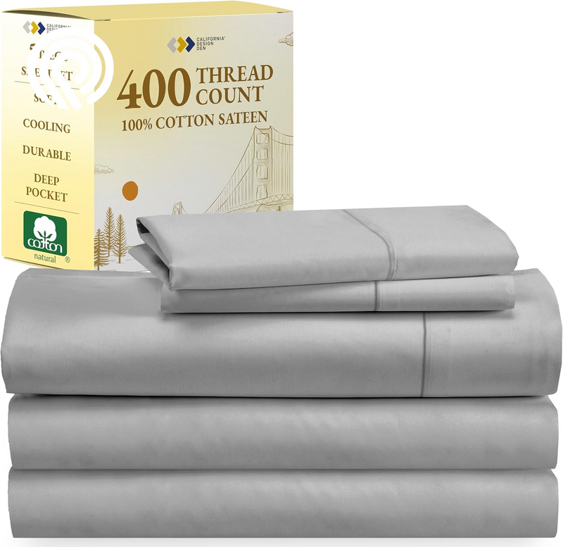 California Design Den Deep Pocket Twin Sheets Set - 400 Thread Count Sateen, Natural 100% Cotton Sheets, Cooling and Durable Bedding Set - Cape Stripe