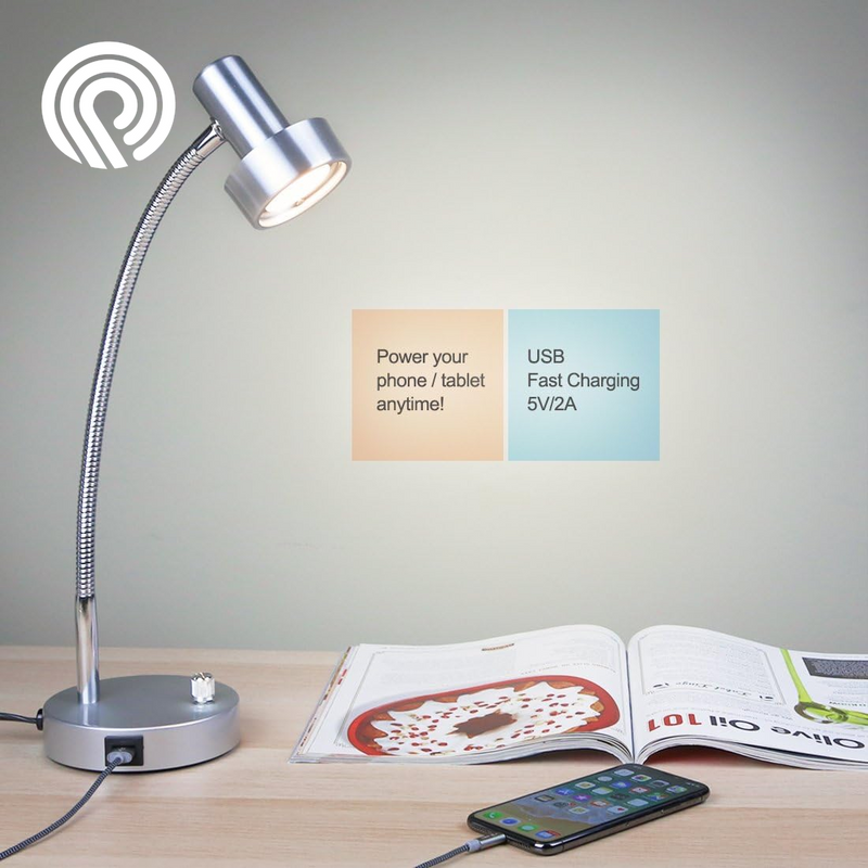 O’Bright Dimmable LED Desk Lamp with USB Charging Port (5V/2A), Full Range Dimming LED, Table Lamp with USB Charger, Flexible Gooseneck, Office Desk Lamp/Bedside Lamp, Vintage Design (Aluminum)