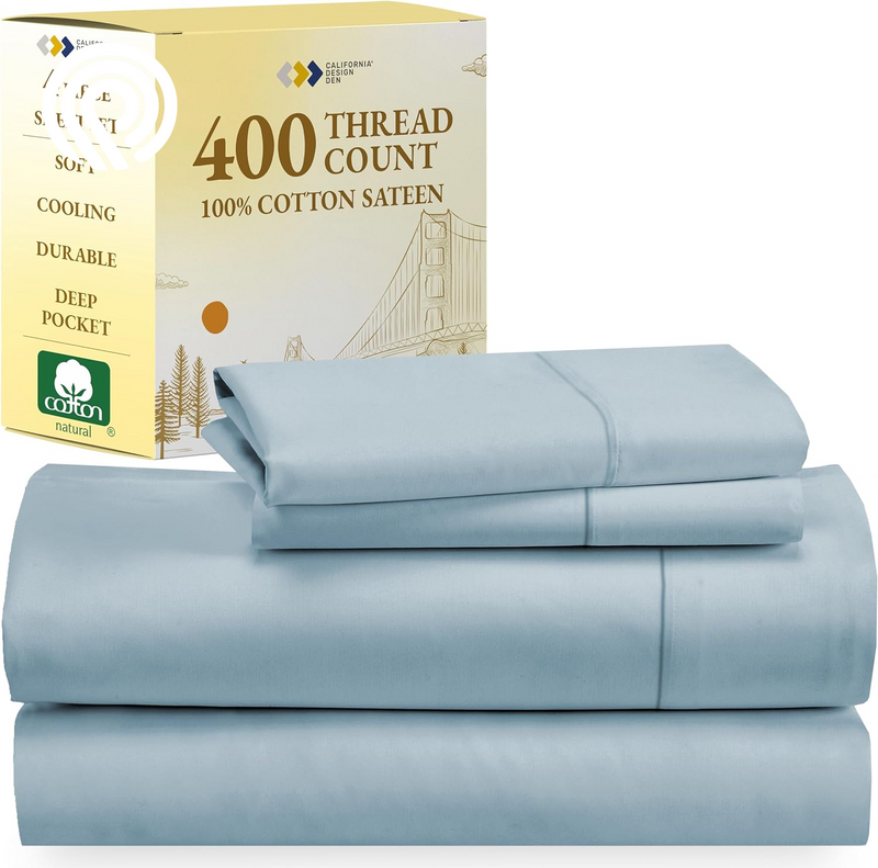 California Design Den Deep Pocket Twin Sheets Set - 400 Thread Count Sateen, Natural 100% Cotton Sheets, Cooling and Durable Bedding Set - Cape Stripe