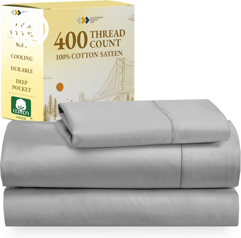 California Design Den Deep Pocket Twin Sheets Set - 400 Thread Count Sateen, Natural 100% Cotton Sheets, Cooling and Durable Bedding Set - Cape Stripe