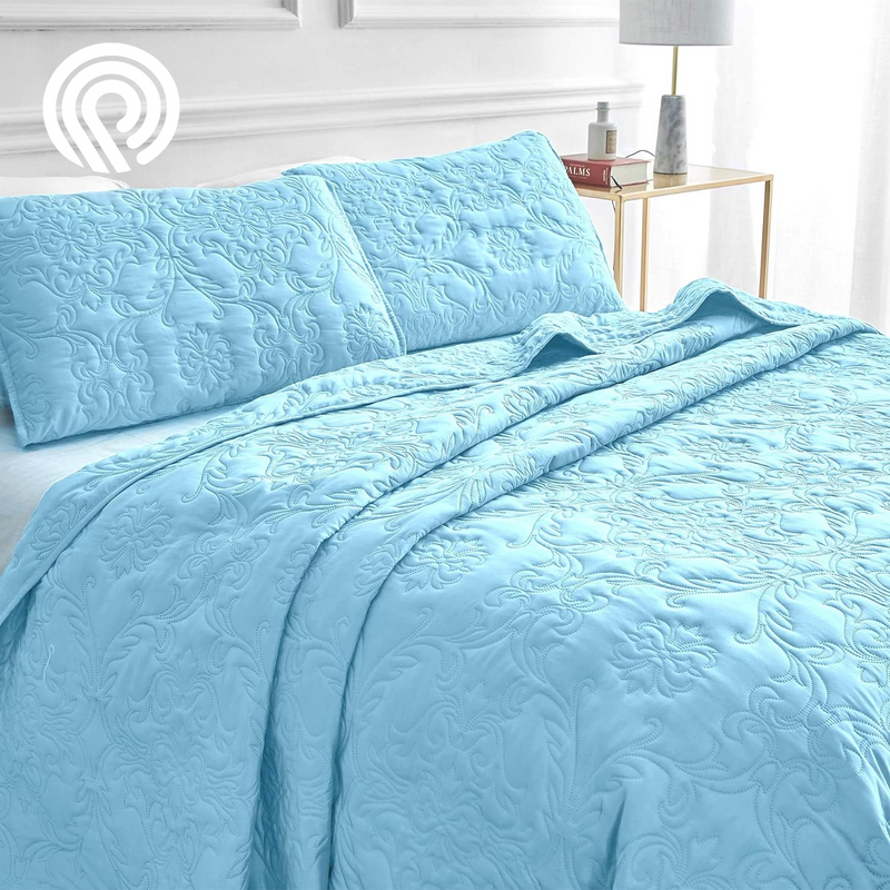 Sophia and William 2 Pieces Quilt Set Twin Size with 1 Quilt and 1 Pillow Sham, Reversible Microfiber Bedding Bedspread Coverlet Set, Cozy, Lightweight and Hypoallergenic, Light Blue