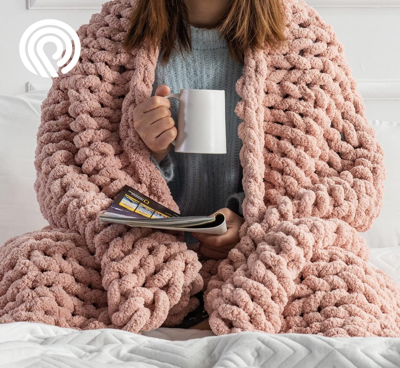 Chunky Knit Blanket Throw - 50"X60" 3.7 Lbs. - Soft Chenille Yarn Knitted Blanket - Machine Washable Crochet Blanket - Handmade Cable Knit Throw Blanket for Couch, Bed (Oat White)