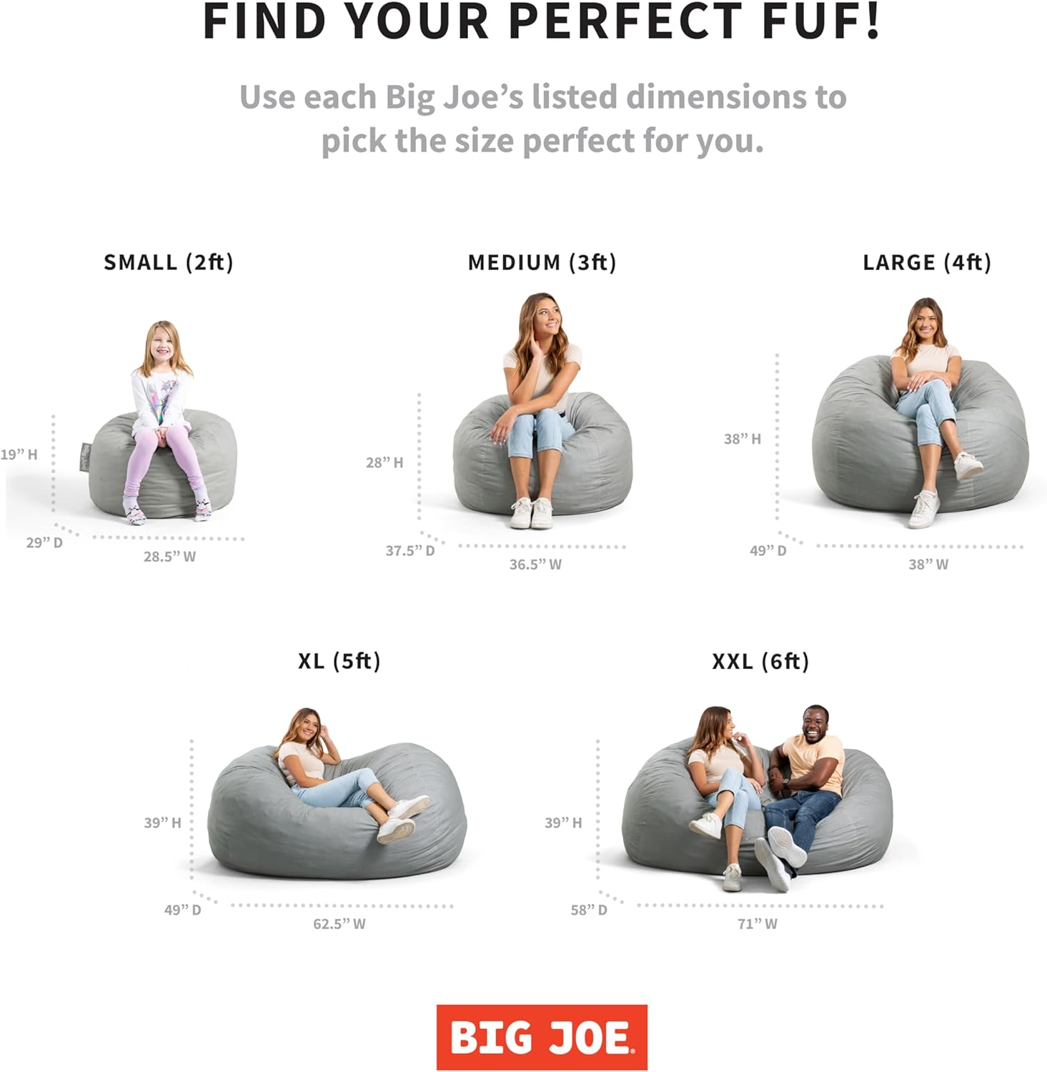Big Joe Fuf Medium Foam Filled Bean Bag Chair with Removable Cover, Fog Lenox, Durable Woven Polyester, 3 Feet Big