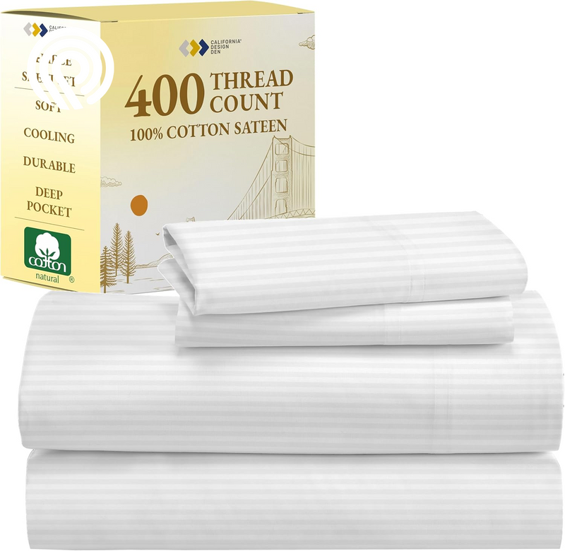 California Design Den Deep Pocket Twin Sheets Set - 400 Thread Count Sateen, Natural 100% Cotton Sheets, Cooling and Durable Bedding Set - Cape Stripe