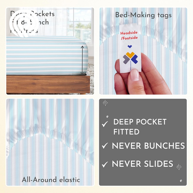 California Design Den Deep Pocket Twin Sheets Set - 400 Thread Count Sateen, Natural 100% Cotton Sheets, Cooling and Durable Bedding Set - Cape Stripe