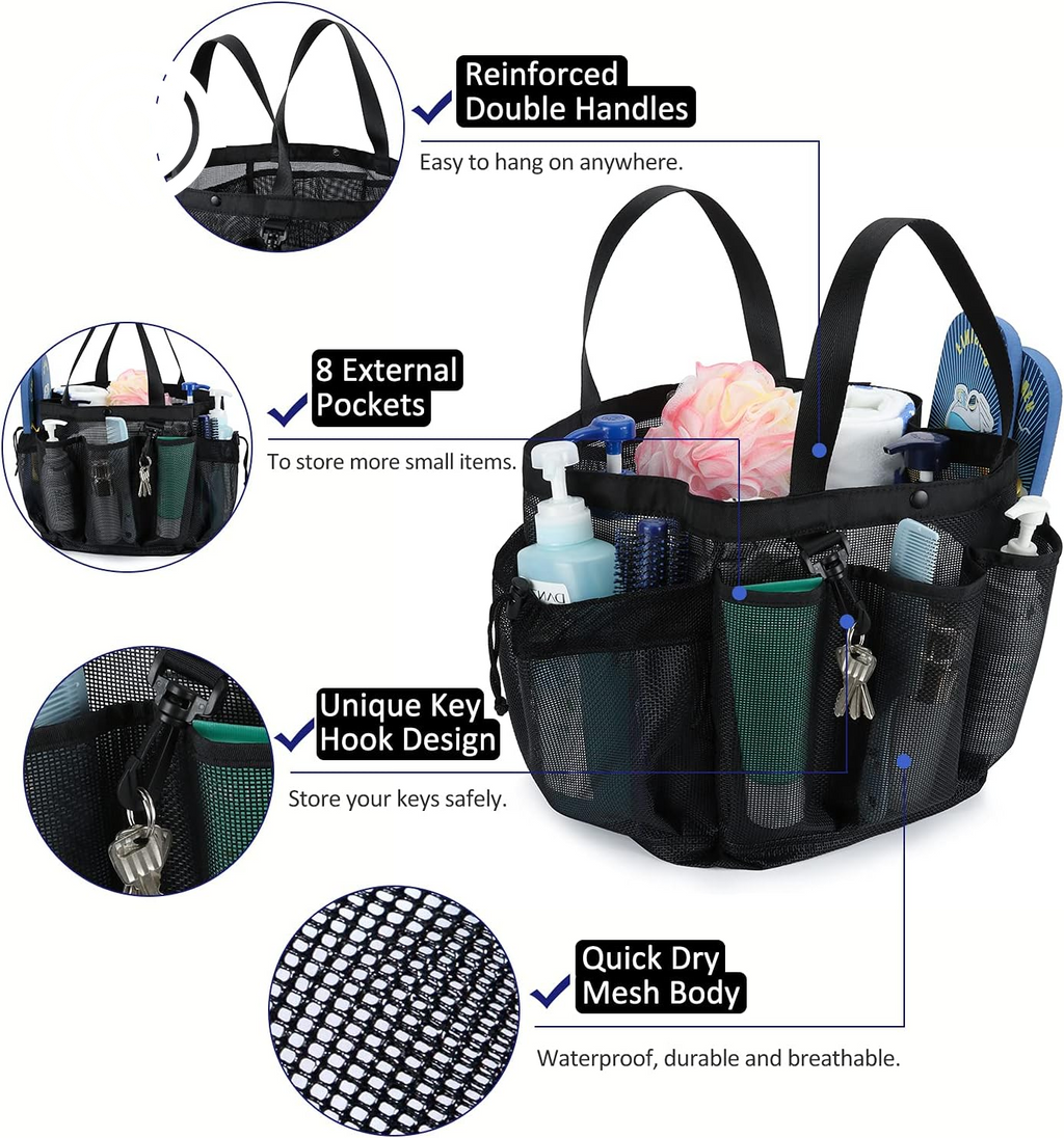 Moyad Large Mesh Shower Caddy Portable Travel Shower Caddy College Dorm Shower Basket Hanging Shower Organizer Beach Bag Tote Bag Bathroom Organizer Storage Basket Camping Shower Accessories, Black