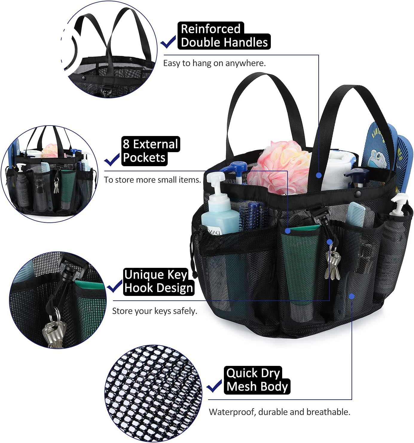 Moyad Large Mesh Shower Caddy Portable Travel Shower Caddy College Dorm Shower Basket Hanging Shower Organizer Beach Bag Tote Bag Bathroom Organizer Storage Basket Camping Shower Accessories, Black