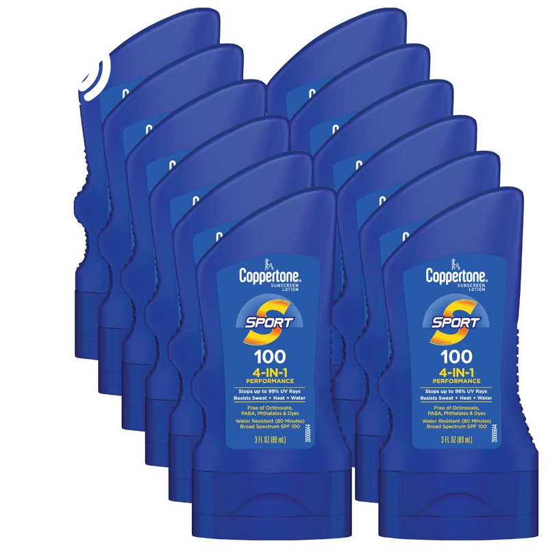 Coppertone SPORT Sunscreen SPF 100 Lotion, Water Resistant Sunscreen, Body Travel Size 3 Fl Oz (Pack of 12)
