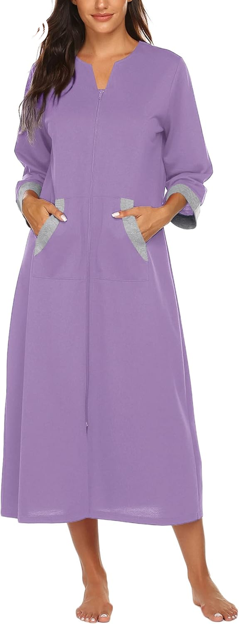 Ekouaer Women Zipper Robe 3/4 Sleeves Loungewear Dress Full Length Sleepwear Pockets Housecoat Nightgown Long Bathrobe