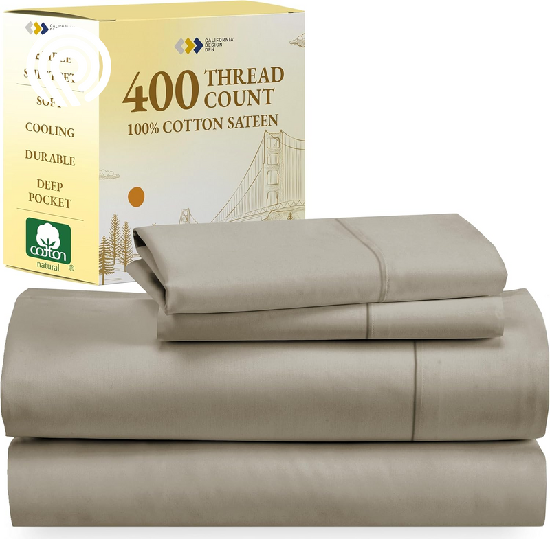 California Design Den Deep Pocket Twin Sheets Set - 400 Thread Count Sateen, Natural 100% Cotton Sheets, Cooling and Durable Bedding Set - Cape Stripe