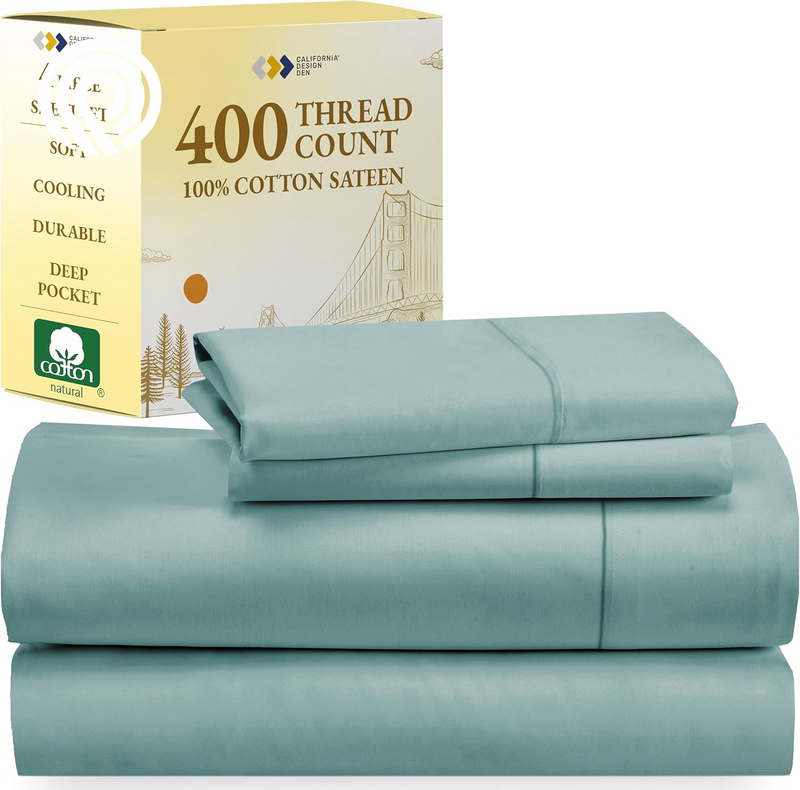 California Design Den Deep Pocket Twin Sheets Set - 400 Thread Count Sateen, Natural 100% Cotton Sheets, Cooling and Durable Bedding Set - Cape Stripe