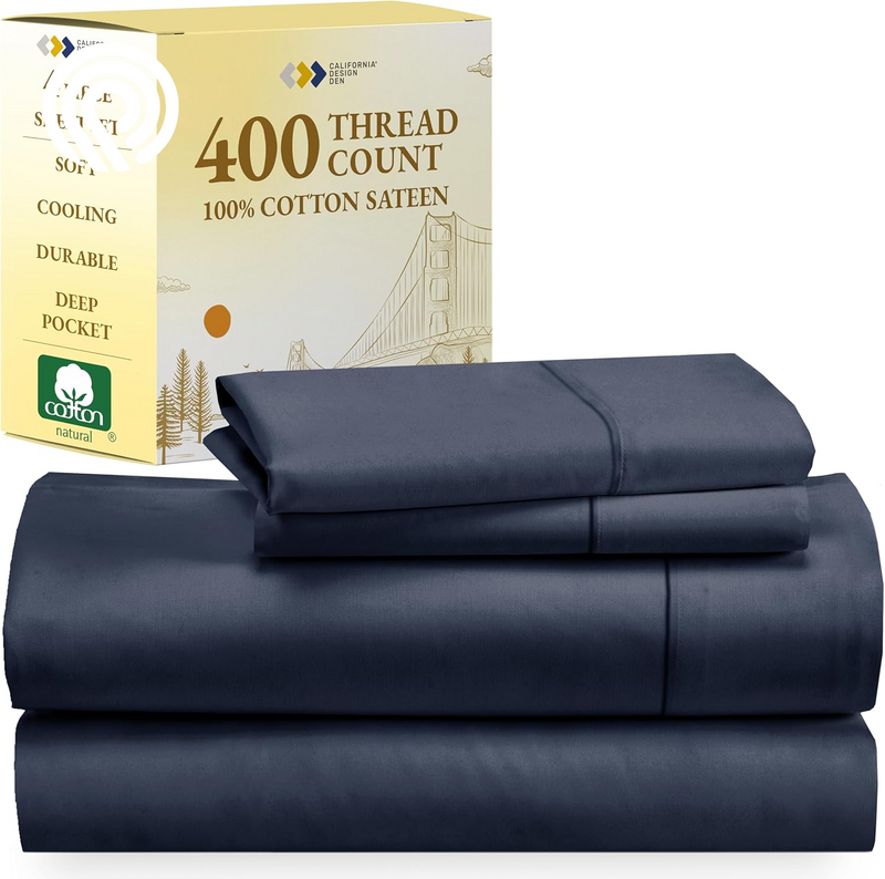 California Design Den Deep Pocket Twin Sheets Set - 400 Thread Count Sateen, Natural 100% Cotton Sheets, Cooling and Durable Bedding Set - Cape Stripe