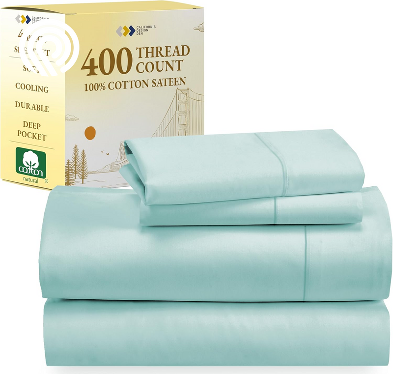 California Design Den Deep Pocket Twin Sheets Set - 400 Thread Count Sateen, Natural 100% Cotton Sheets, Cooling and Durable Bedding Set - Cape Stripe