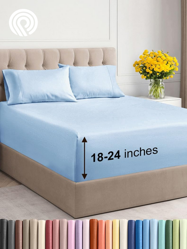 Extra Deep Twin Sheet Set - 4 Piece Breathable & Cooling Sheets - Hotel Luxury Bedding Set with 18-24 Inch Extra Deep Pockets - Easy Fit - Super Soft, Wrinkle Free and Comfy - Light Blue, Twin Size