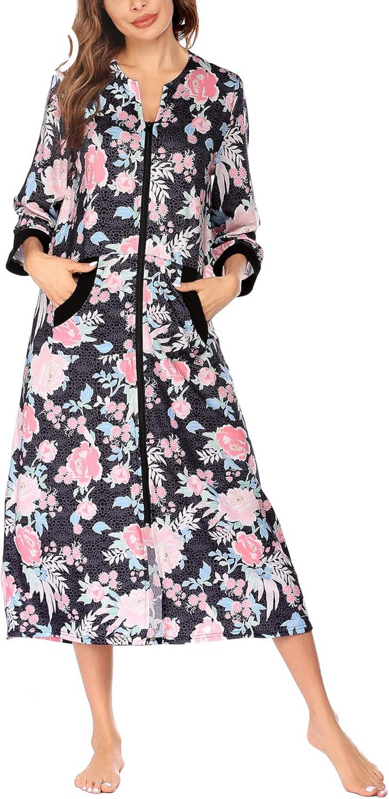 Ekouaer Women Zipper Robe 3/4 Sleeves Loungewear Dress Full Length Sleepwear Pockets Housecoat Nightgown Long Bathrobe