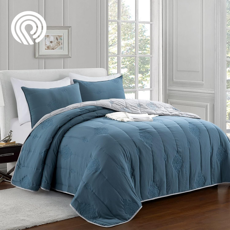Sophia and William 2 Pieces Quilt Set Twin Size with 1 Quilt and 1 Pillow Sham, Reversible Microfiber Bedding Bedspread Coverlet Set, Cozy, Lightweight and Hypoallergenic, Light Blue
