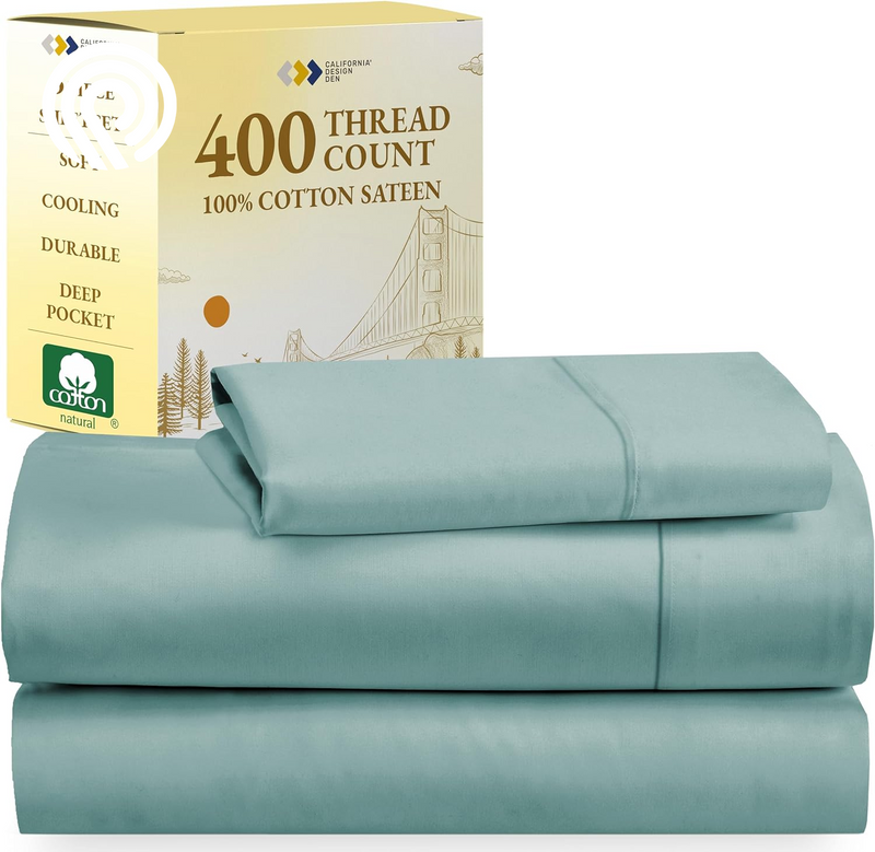 California Design Den Deep Pocket Twin Sheets Set - 400 Thread Count Sateen, Natural 100% Cotton Sheets, Cooling and Durable Bedding Set - Cape Stripe