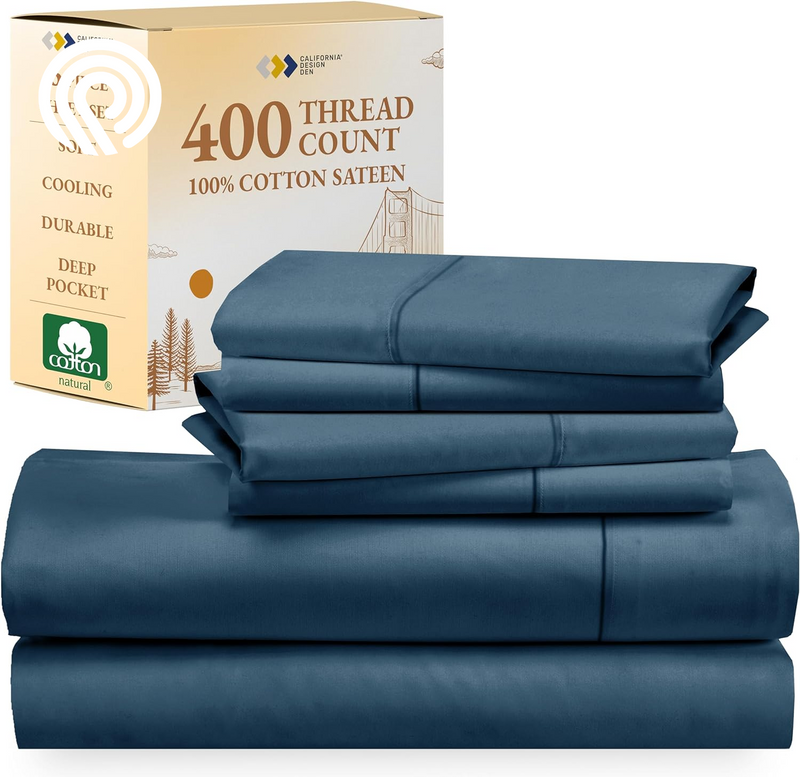 California Design Den Deep Pocket Twin Sheets Set - 400 Thread Count Sateen, Natural 100% Cotton Sheets, Cooling and Durable Bedding Set - Cape Stripe