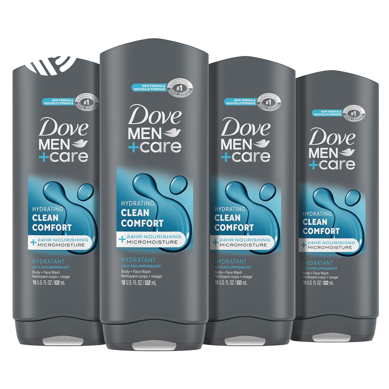 Dove Men+Care Post-Workout 3-IN-1 (Body + Face + Hair Wash) with Peppermint 4 Count Infused with Electrolytes + Magnesium 18 Oz