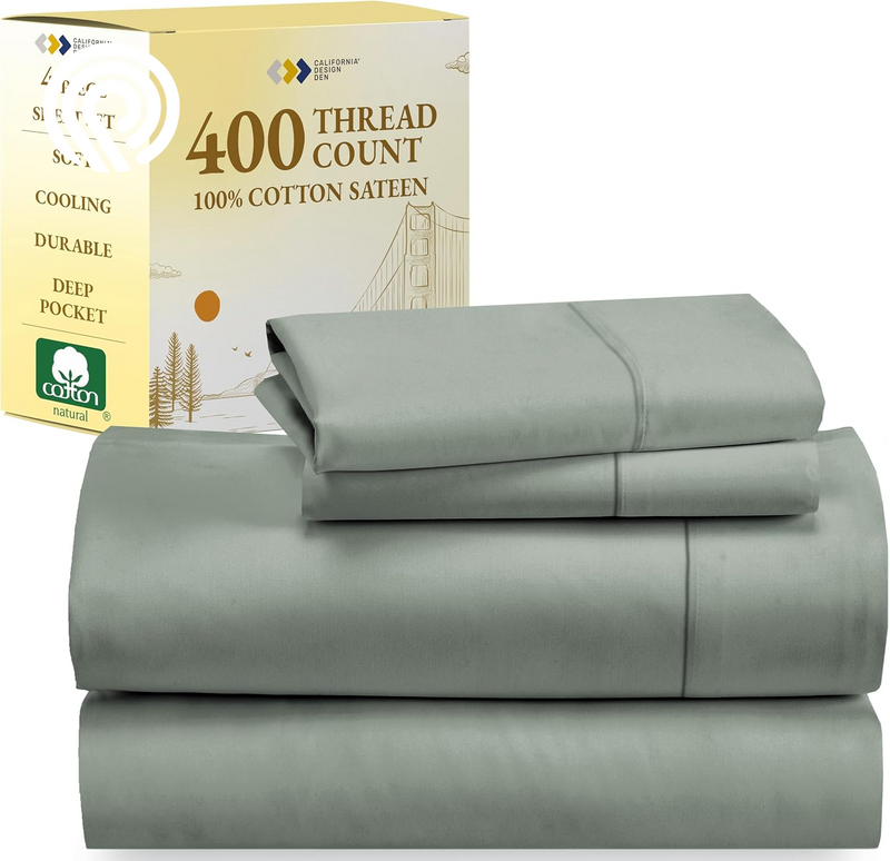 California Design Den Deep Pocket Twin Sheets Set - 400 Thread Count Sateen, Natural 100% Cotton Sheets, Cooling and Durable Bedding Set - Cape Stripe
