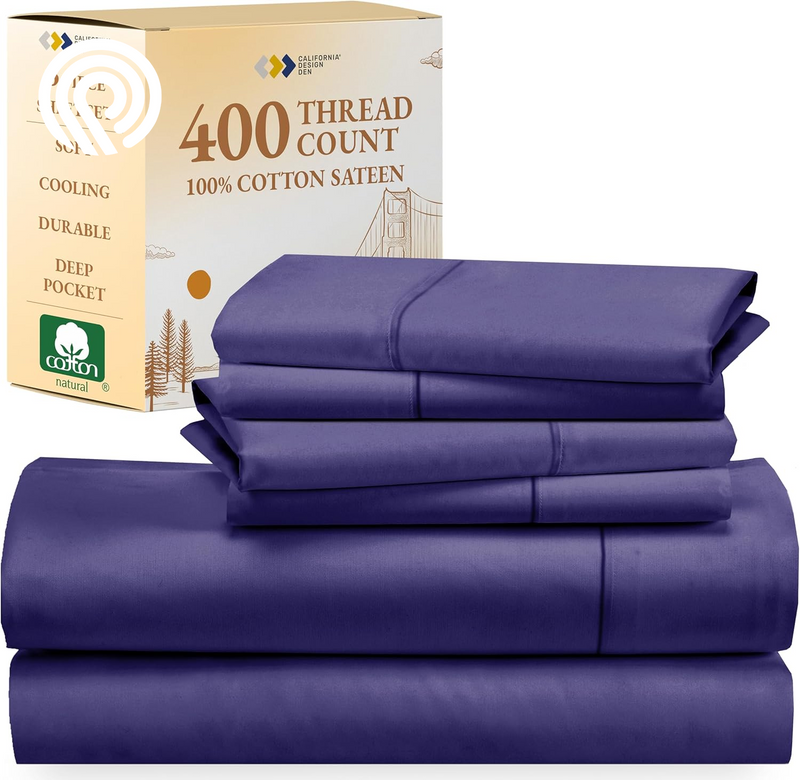 California Design Den Deep Pocket Twin Sheets Set - 400 Thread Count Sateen, Natural 100% Cotton Sheets, Cooling and Durable Bedding Set - Cape Stripe