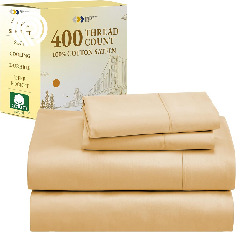 California Design Den Deep Pocket Twin Sheets Set - 400 Thread Count Sateen, Natural 100% Cotton Sheets, Cooling and Durable Bedding Set - Cape Stripe