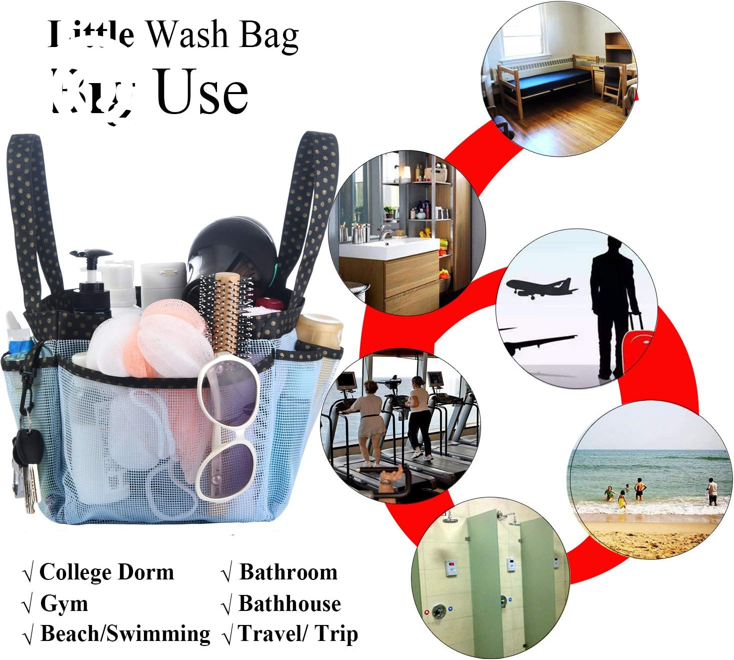 Haundry Mesh Shower Caddy Bag, Portable Shower Caddy Tote Organizer with 8 Pockets for College Dorm Room Essentials, Beach, Swimming, Gym