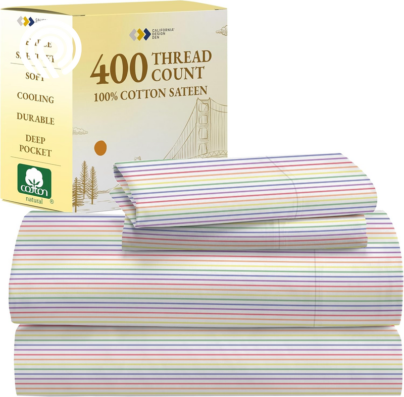 California Design Den Deep Pocket Twin Sheets Set - 400 Thread Count Sateen, Natural 100% Cotton Sheets, Cooling and Durable Bedding Set - Cape Stripe