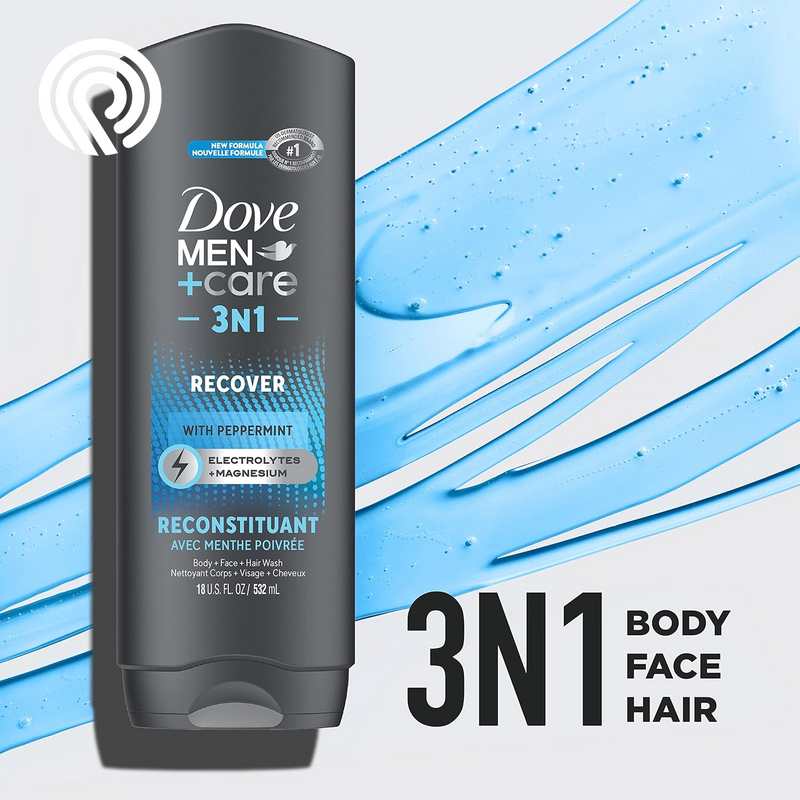 Dove Men+Care Post-Workout 3-IN-1 (Body + Face + Hair Wash) with Peppermint 4 Count Infused with Electrolytes + Magnesium 18 Oz