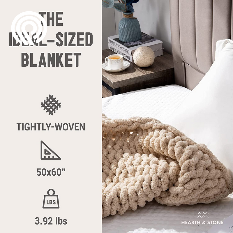 Chunky Knit Blanket Throw - 50"X60" 3.7 Lbs. - Soft Chenille Yarn Knitted Blanket - Machine Washable Crochet Blanket - Handmade Cable Knit Throw Blanket for Couch, Bed (Oat White)