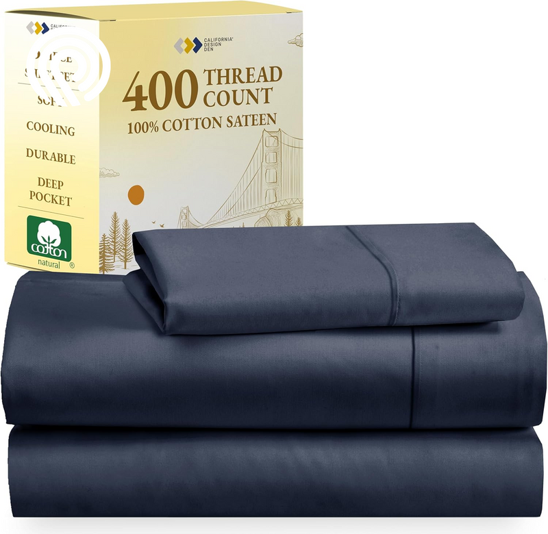 California Design Den Deep Pocket Twin Sheets Set - 400 Thread Count Sateen, Natural 100% Cotton Sheets, Cooling and Durable Bedding Set - Cape Stripe