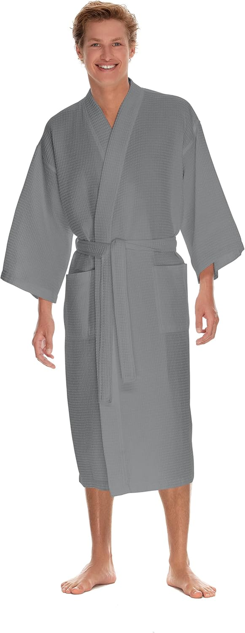 Men'S Waffle Robe by BOCA TERRY, Waffle Knit Spa Robe, Long Lightweight Cotton Kimono Hotel Bathrobe