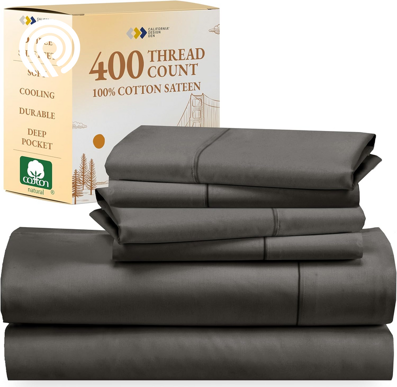 California Design Den Deep Pocket Twin Sheets Set - 400 Thread Count Sateen, Natural 100% Cotton Sheets, Cooling and Durable Bedding Set - Cape Stripe