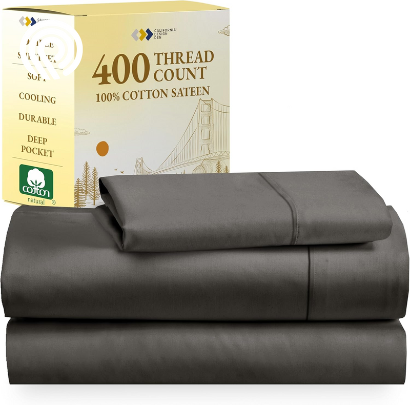 California Design Den Deep Pocket Twin Sheets Set - 400 Thread Count Sateen, Natural 100% Cotton Sheets, Cooling and Durable Bedding Set - Cape Stripe