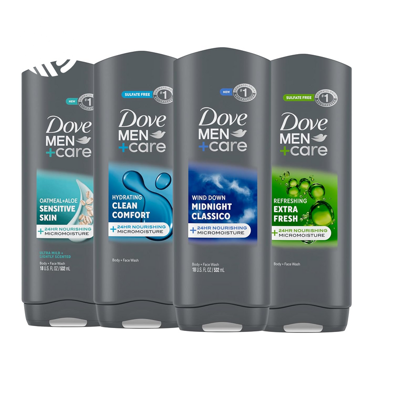 Dove Men+Care Post-Workout 3-IN-1 (Body + Face + Hair Wash) with Peppermint 4 Count Infused with Electrolytes + Magnesium 18 Oz