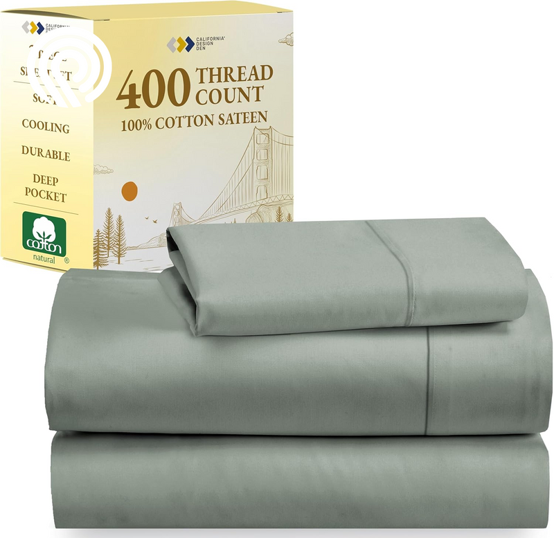 California Design Den Deep Pocket Twin Sheets Set - 400 Thread Count Sateen, Natural 100% Cotton Sheets, Cooling and Durable Bedding Set - Cape Stripe