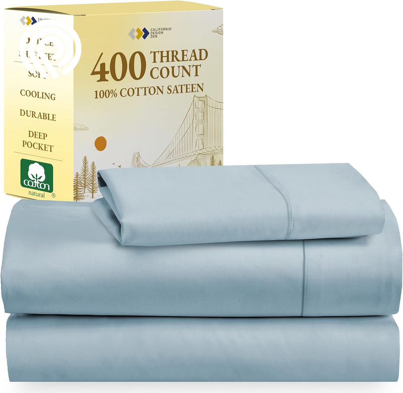 California Design Den Deep Pocket Twin Sheets Set - 400 Thread Count Sateen, Natural 100% Cotton Sheets, Cooling and Durable Bedding Set - Cape Stripe