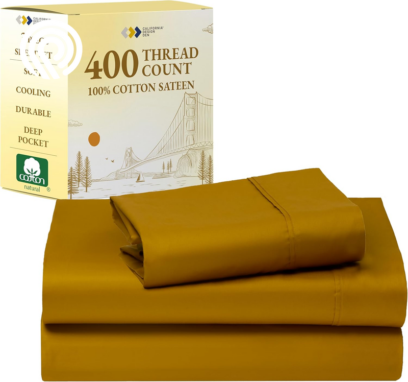California Design Den Deep Pocket Twin Sheets Set - 400 Thread Count Sateen, Natural 100% Cotton Sheets, Cooling and Durable Bedding Set - Cape Stripe