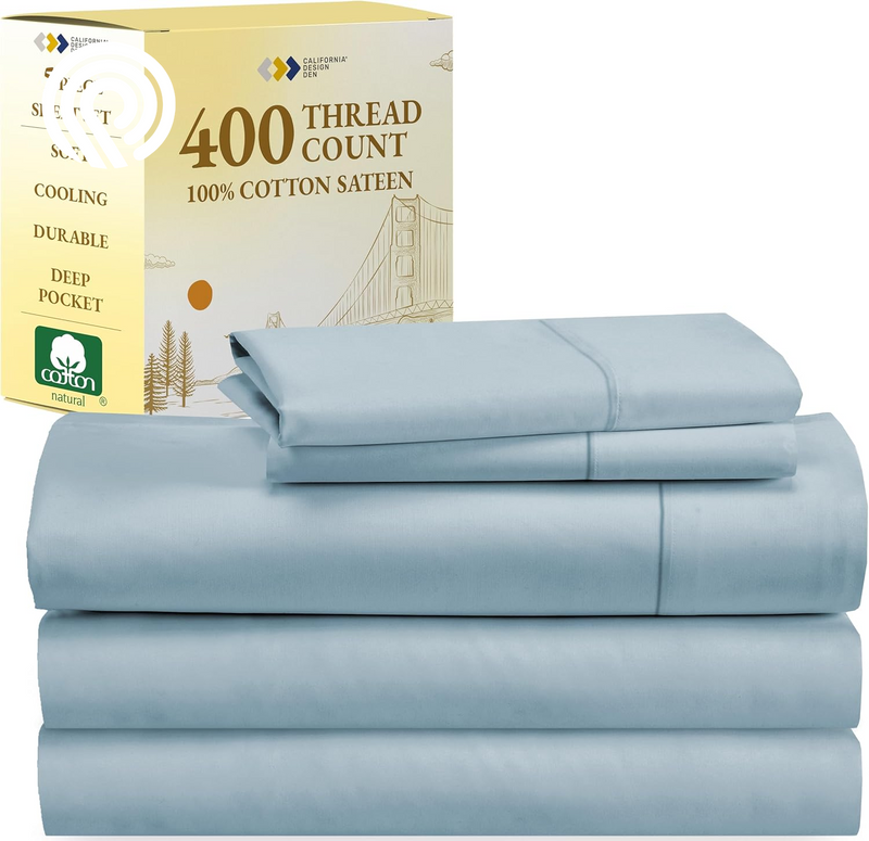 California Design Den Deep Pocket Twin Sheets Set - 400 Thread Count Sateen, Natural 100% Cotton Sheets, Cooling and Durable Bedding Set - Cape Stripe