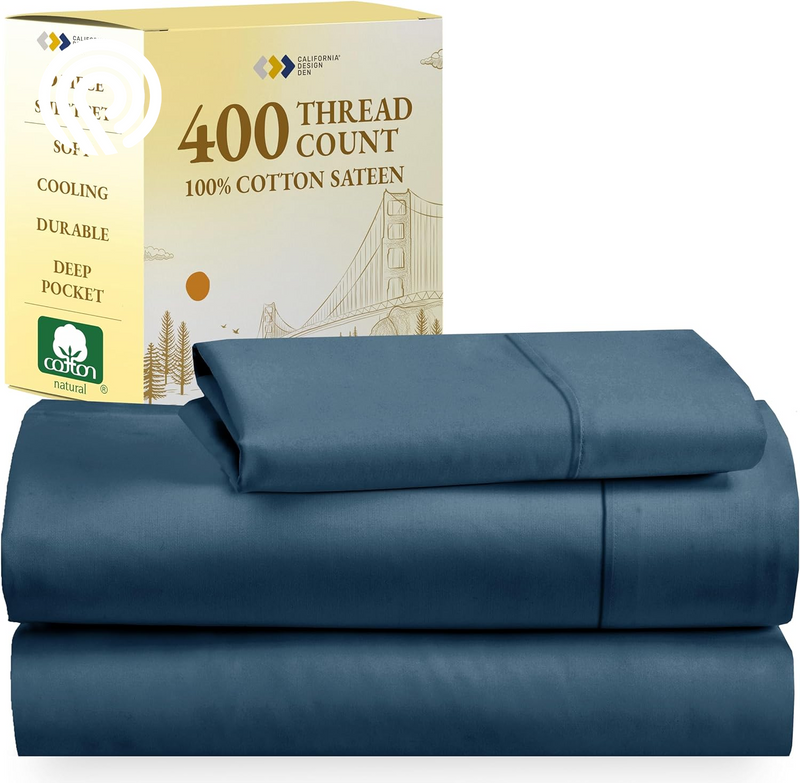California Design Den Deep Pocket Twin Sheets Set - 400 Thread Count Sateen, Natural 100% Cotton Sheets, Cooling and Durable Bedding Set - Cape Stripe